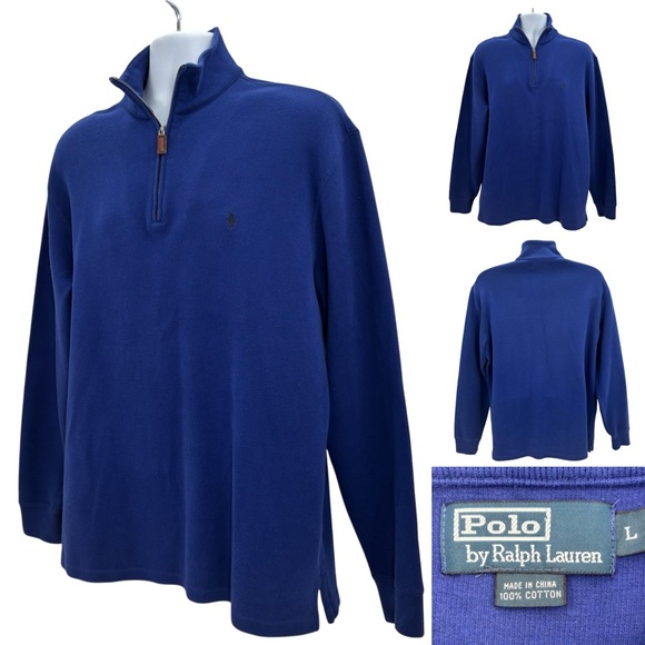 Ralph Lauren Polo Royal Blue Cotton 1/4 Zip Pullover Sweater Sz. L